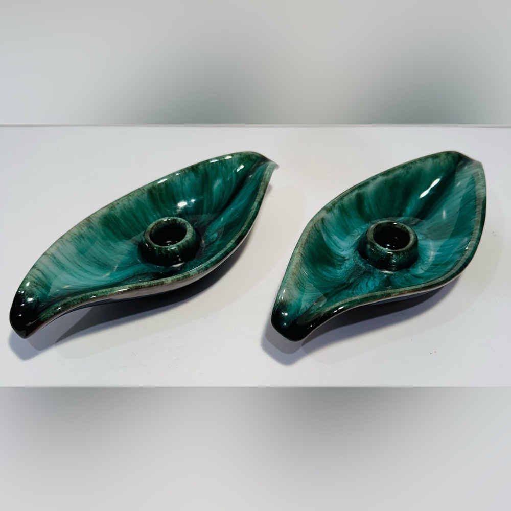 Vintage Blue Mountain Pottery Leaf Candle Holders Set of 2